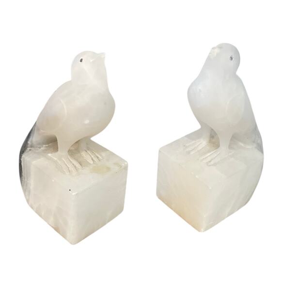 Vintage Italian Set 2 Stone Birds White Marble Bookends Handcarved Handmade